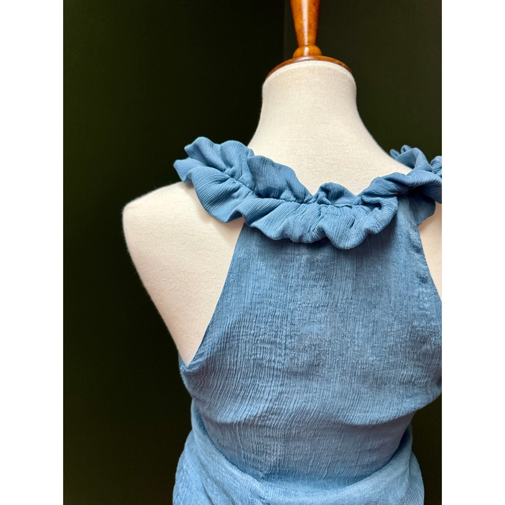 Elena Solano Blue Sleeveless Ruffle Neck Smocked Waist Blouse Women's Size S - Picture 6 of 8